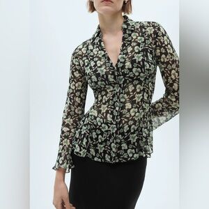 Mango Black and Green floral chiffon shirt NWT